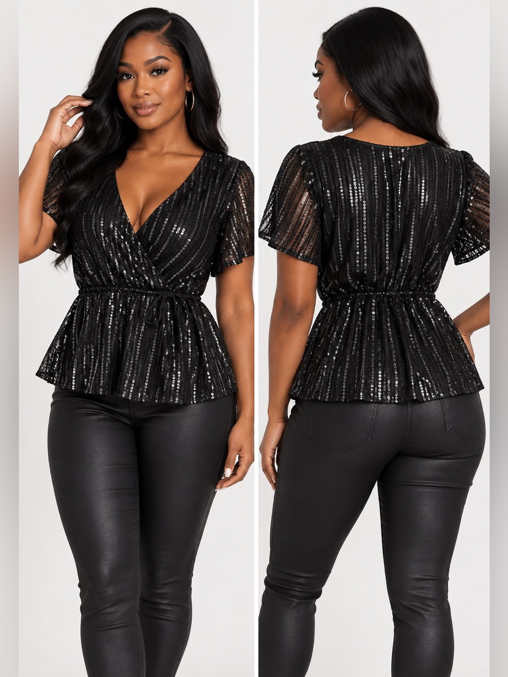 Gypsies & Moondust Black Sequin Wrap Peplum Top